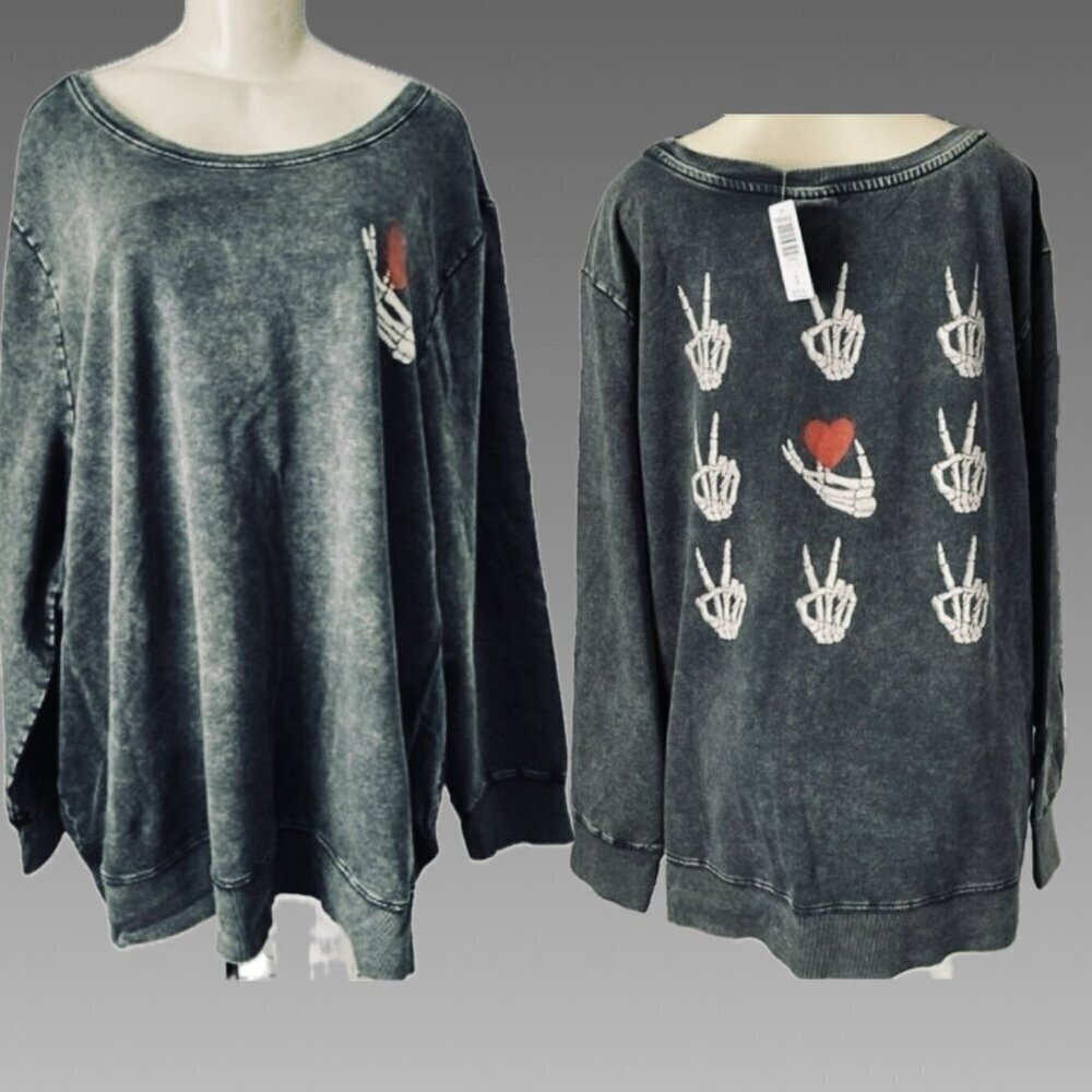Lovesick +6 Black Washed-Out Skeleton Hands-Heart Graphic Long Sleeve Sweatshirt